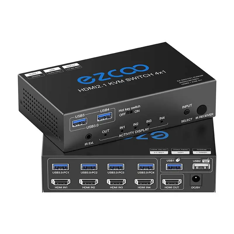 Interruptor KVM 4x1 de HD-MI 8K con 3 puertos USB 3,0, compatible con 4K120Hz, 4/4/4 y HDR