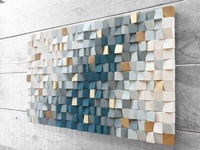 Décoration d'intérieur de luxe, œuvre d'art murale en mosaïque de bois abstraite gris et or, sculpture géométrique en bois naturel rustique