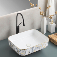 Lavabo de salle de bain rectangulaire en céramique artisanale avec motif doré de luxe, lavabo de table, lavabo d'art