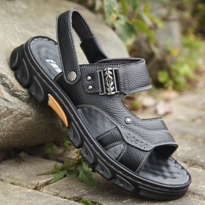 Sandales pour hommes en cuir de vachette première couche, à brides croisées, bout ouvert, semelle extérieure en caoutchouc antidérapante, chaussures décontractées d'été - Product Image 3