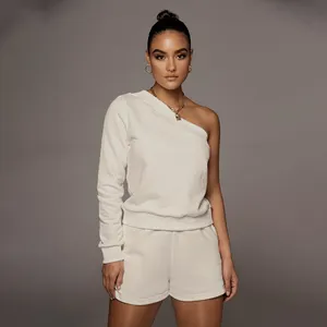 Penjualan Laris Gaya Baru Musim Gugur Baju Wanita Mode Polos Satu Bahu Lengan Panjang Celana Pendek Atasan Seksi Set Dua Potong
