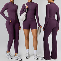 Set Yoga Logo Kustom Celana Legging Yoga Pinggang Tinggi Warna Solid Jaket Zip Lengan Panjang Pakaian Olahraga Wanita OEM ODM