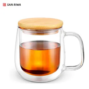 Custom Clear Double Wall Borosilicate Glass Drinking Water Coffee Mugs Cup with Lids and Handle tea cup wood and glass