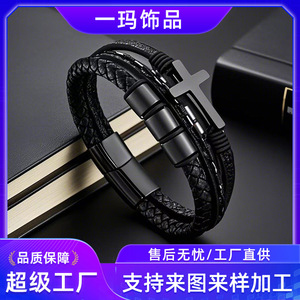 Cross <b>Leather</b> <b>Bracelet</b> Men's Black Braided Genuine <b>Leather</b> With Cross Pendant Everyday Wear Jewelry YM-0016 - Product Image 5