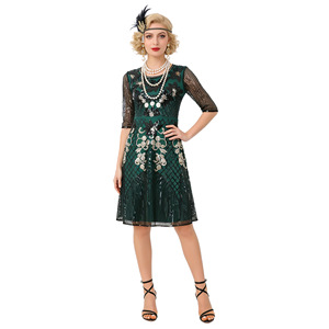 1920s Vintage <b>Sequined</b> Mesh Dress Women Plus Size A-Line Scoop Neck Black Gold Club Dress - Product Image 3