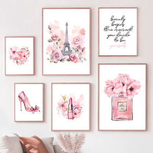 Affiche d'art moderne nordique sur le thème de la mode parisienne, avec Tour Eiffel rose, flacon de parfum et fleurs, pour décoration murale de salon - Product Image 1