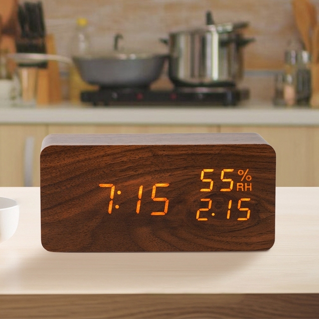 Wooden Digital LED Quick Delivery Table Clocks Time Temperature Calendars Sound Control  Alarm Clock with QI Wireless Charger