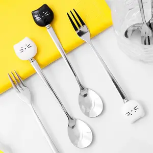 Factory Supplier Independent Home Restaurant Flatware Silver Stainless Steel Fork And Spoon Cutlery Set With Cat Handle
