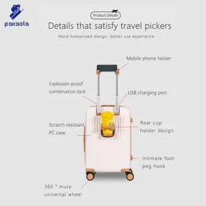 Multifunctional Front Open Luggage Lightweight Hard Side Suitcase Travel Luggage With USB Charger And Cup Holder