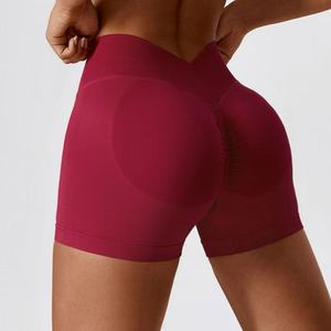 Short de sport <span class=keywords><strong>Liz</strong></span> taille haute pour femme Short froissé d'entraînement à dos en V Lifting des fesses Fermeture à la taille élastique sans couture Solide - Product Image 4