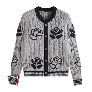 Women's Rose Intarsia Cable Knit <b>Cardigan</b> Slim Fit Floral Print Outerwear - Product Image 3