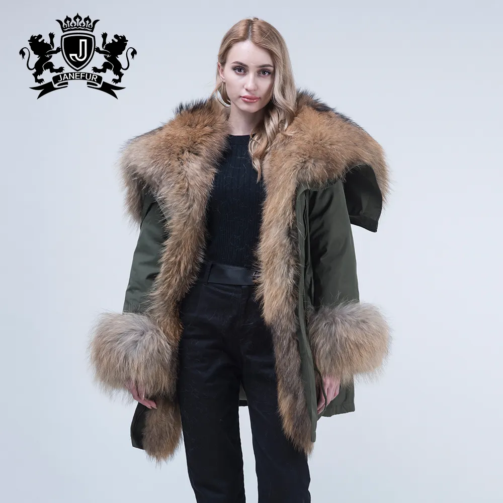 Fashion women winter parka coats Khaki green parka jacket fur lining real raccoon fur parka