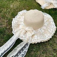 Topi Kertas Pantai Musim Panas Wanita Dewasa Aksesori Bunga Pita Renda Pelindung Sinar Matahari Luar Ruangan Modis Serbaguna 95