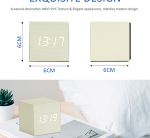 Emaf vuông bằng gỗ khối lập phương LED kỹ thuật số bàn đồng hồ báo thức thời gian ngày Nhiệt độ âm thanh điều khiển kỹ thuật số bảng đồng hồ báo thức - Product Image 5