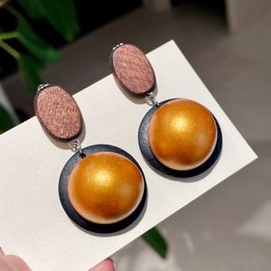 Boucles d'oreilles pendantes en bois plaqué or, forme géométrique, style vintage, bijoux de fête pour femmes - Product Image 5