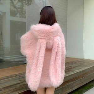 Women's Faux Fur Coat Light Pink Solid Color Rabbit Fur Thick Warm Winter Outerwear - Product Image 1