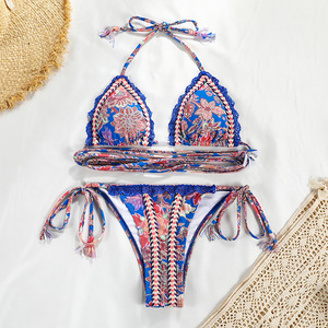 New Designer Print Basic <strong>Bikini</strong> With Pad Ties Details Crochet <strong>Trim</strong> Swimwear Scrunch Butt Swimsuit - Product Image 2
