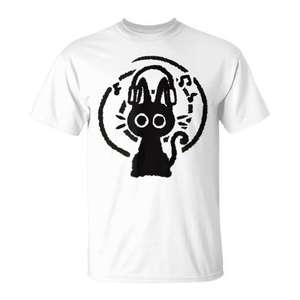 Cute Cat with Headphones Crew Neck Short Sleeve <b>T</b>-<b>Shirt</b> <b>90s</b> Y2k Style Unisex Adult Size - Product Image 1
