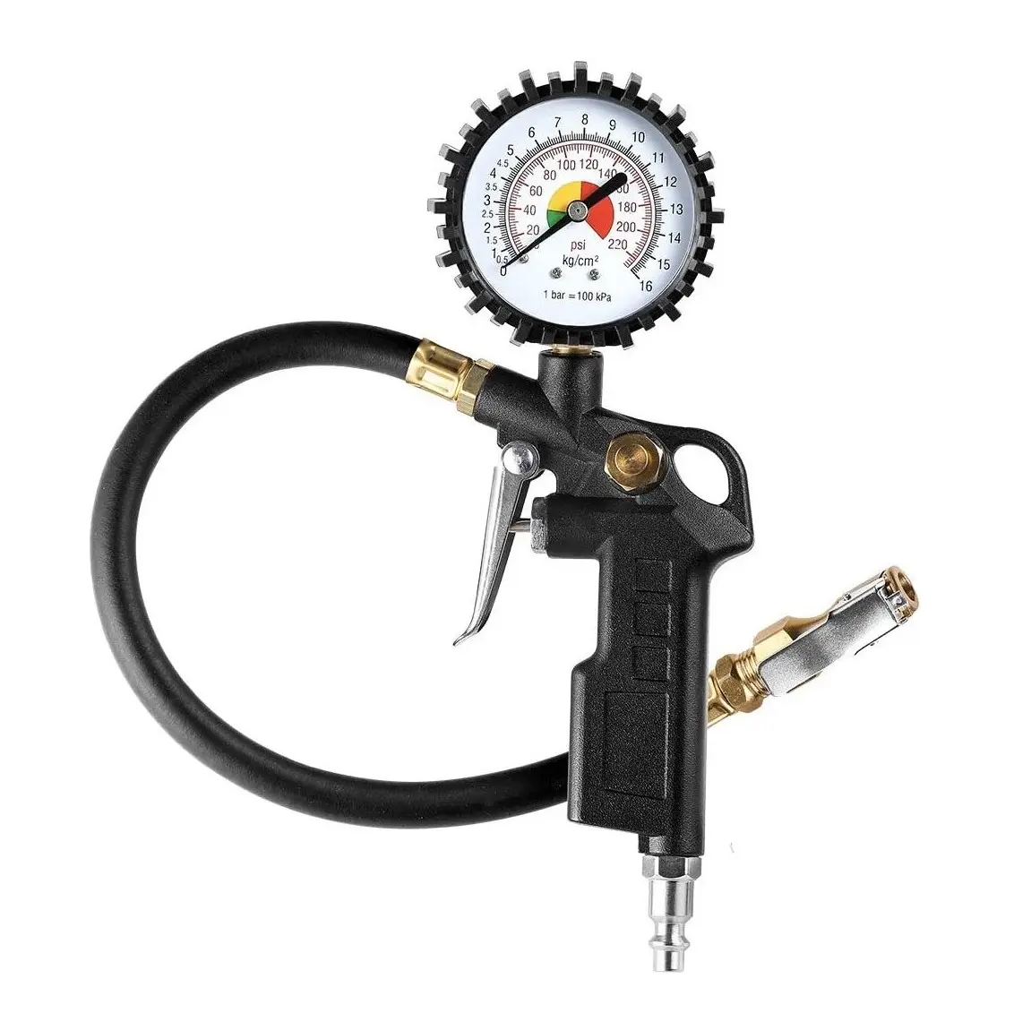 Dual Head 2-1/2" Dial Wheel Gauge Gun Tire Inflator Air Pressure Tire Gauge with Rubber Hose Lock on Chuck