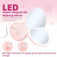 Miroir de maquillage portable pliable en forme de cœur avec éclairage LED, miroir compact grossissant 1X/2X avec 3 types de lumière couleur, Type-C