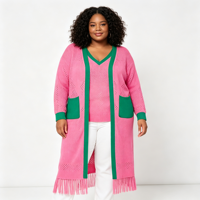 Cardigan en tricot pour femme grande taille, col en V long, blocs de couleur, bordure en tricot torsadé, poches plaquées, ourlet à franges, OEM ODM