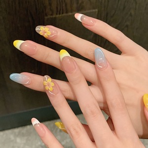 Faux ongles en acrylique à presser faits main, <span class=keywords><strong>pastel</strong></span> frais, ombré jaune <span class=keywords><strong>bleu</strong></span> <span class=keywords><strong>rose</strong></span>, finition French Manucure <span class=keywords><strong>et</strong></span> décor floral stéréoscopique - Product Image 1