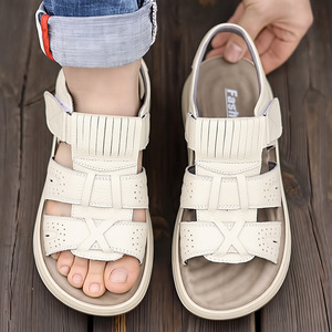 Sandalias de Cuero Blancas para Hombre, Cierre de Velcro, Suela Gruesa, Zapatos Casuales de Playa - Product Image 3