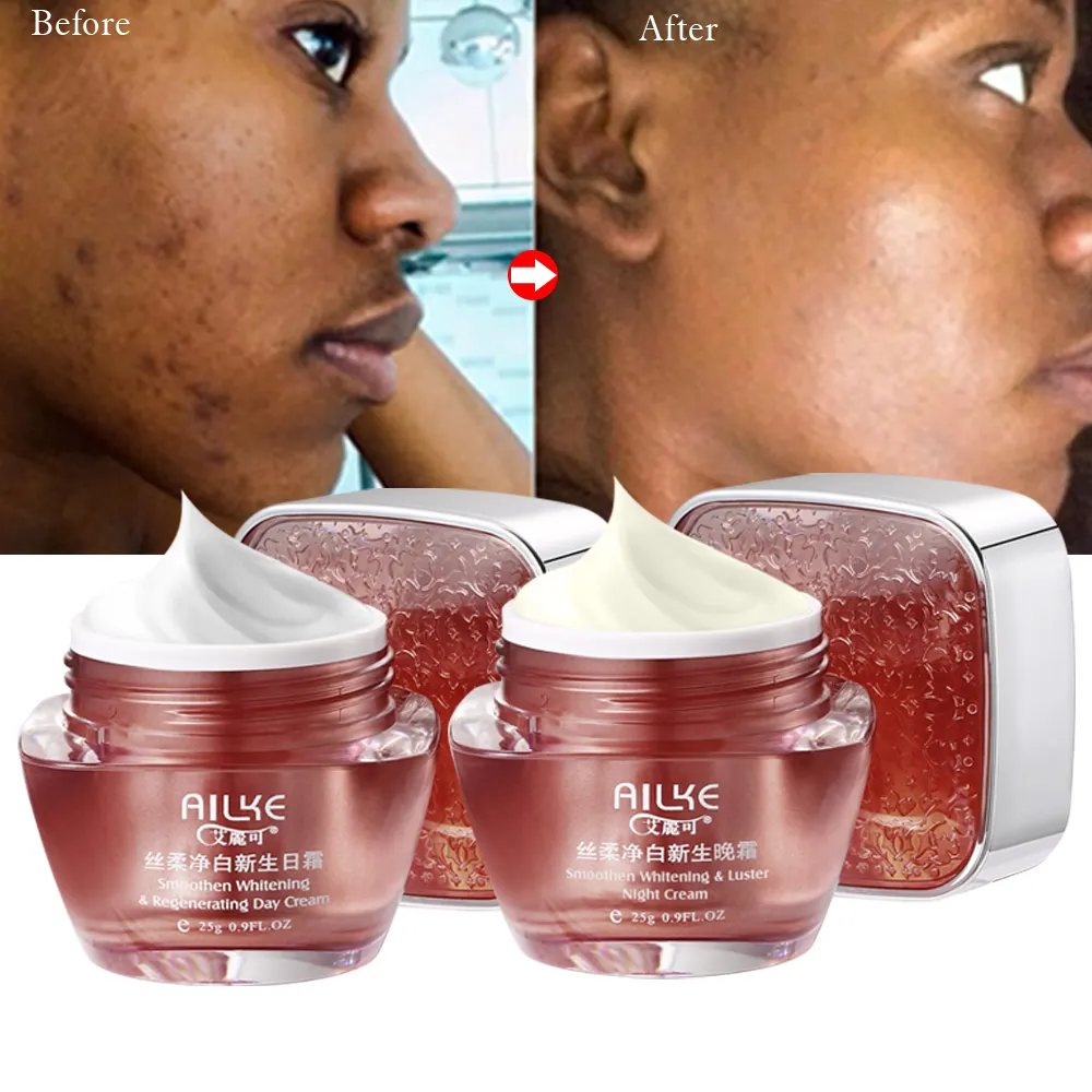 AILKE Private Label Organic Anti Aging Whitening crema idratante per il viso set per la cura della pelle crema giorno e notte illuminante per la pelle scura
