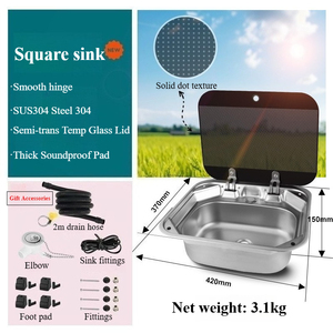 Évier de camping-car en acier inoxydable noir et argenté avec couvercle en verre et robinet pliable, accessoire de lavabo pour <span class=keywords><strong>caravane</strong></span> et camping-car - Product Image 5
