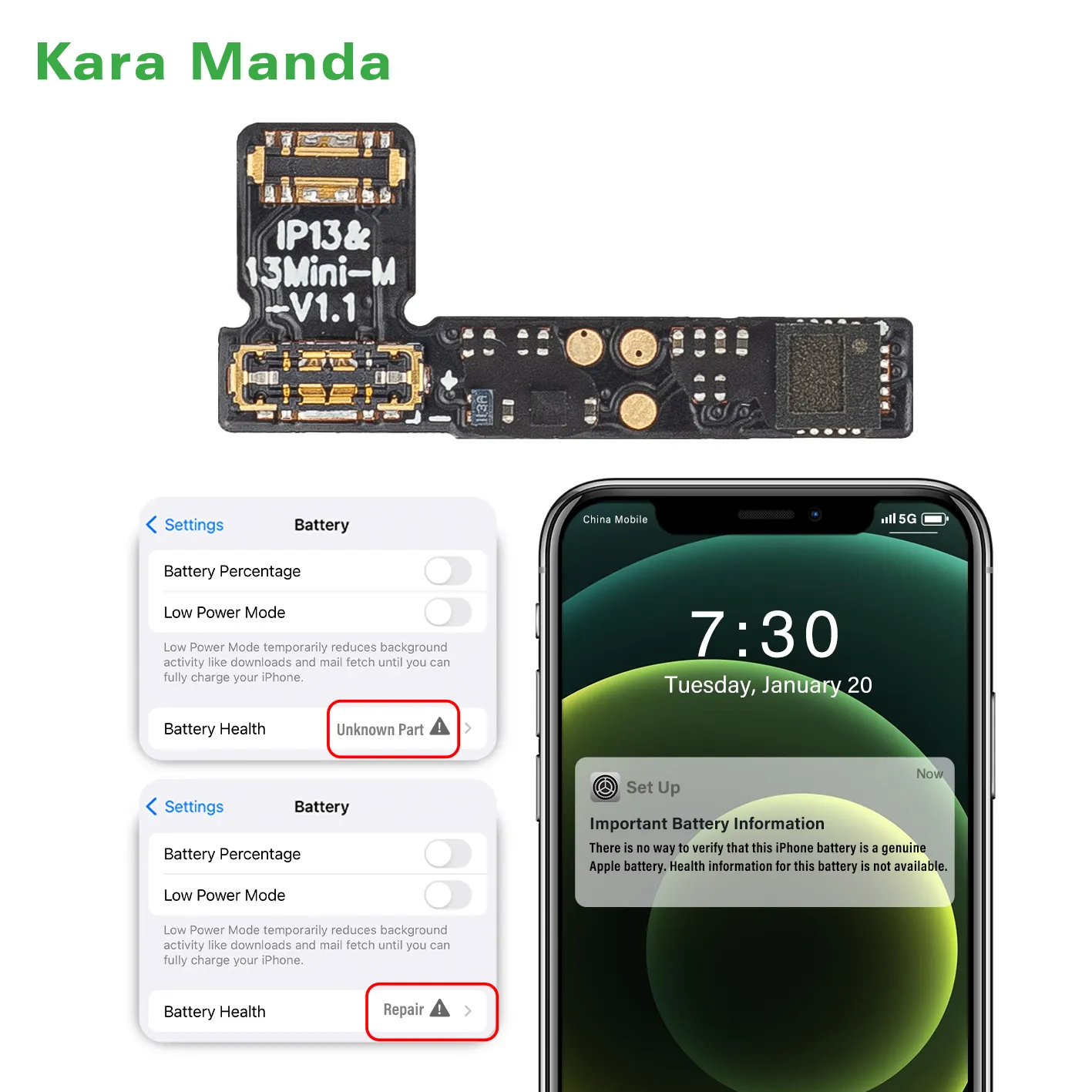 Kara Manda Repair Battery Flex Cable For IPhone 11-13Promax Battery Health Solve Battery Encryption Remove Error Warning