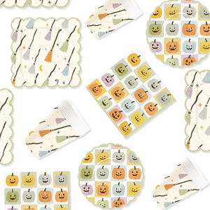 DAMAI Colorful Pumpkin and Broom-themed Wave-edge Halloween Party Paper Plates Cups and Napkins for Halloween - Product Image 2