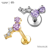 Piercing d'oreille en titane ASTM F136, style étoile, à dos plat, fileté intérieur, avec zircon, pour tragus, petit clou d'oreille à dos plat, pour mariage