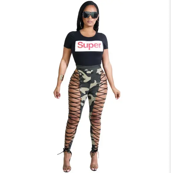 2018 New Woman Black White Side Lace Up Camouflage Color Cotton Gothic Punk Pants Wetlook Bandage Leggings
