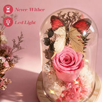 Rose éternelle rose romantique sous cloche en verre avec papillon et lumières LED – Véritable fleur fraîche, cadeau idéal pour la Saint-Valentin et les anniversaires