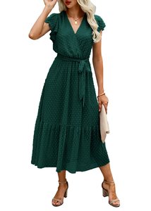 Femmes bohème col en V à volants robe sans manches dames a-ligne plissée Midi robe d'été robes décontractées pour les femmes - Product Image 6