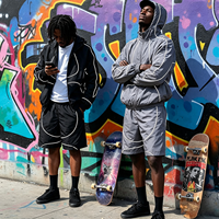 Veste coupe-vent à capuche en nylon avec ligne de couture réfléchissante personnalisée, short assorti à taille élastique, ensemble 2 pièces streetwear pour homme, OEM