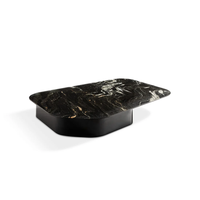 Table basse artistique irrégulière avec plateau en placage de bois naturel, base noire brillante, forme unique, table centrale pour maison de luxe
