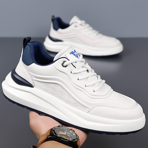 Men's Black Leather Sneakers Low <b>Heel</b> Breathable Rubber Sole Casual Walking Shoes - Product Image 2