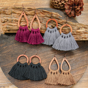 Bohemian Wood Tassel <b>Drop</b> Earrings Geometric Shape Antique <b>Bronze</b> Plated Women's Party Fashion Jewelry - Product Image 2