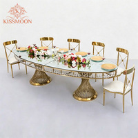 Table de banquet ovale moderne de luxe en acier inoxydable avec plateau en verre, table de mariage, mobilier d'hôtel à louer