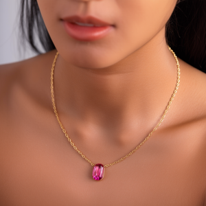Fashion Beaded <b>Necklace</b> Gold Plated 316L Stainless Steel Pink Gemstone Pendant Minimalist Design - Product Image 3