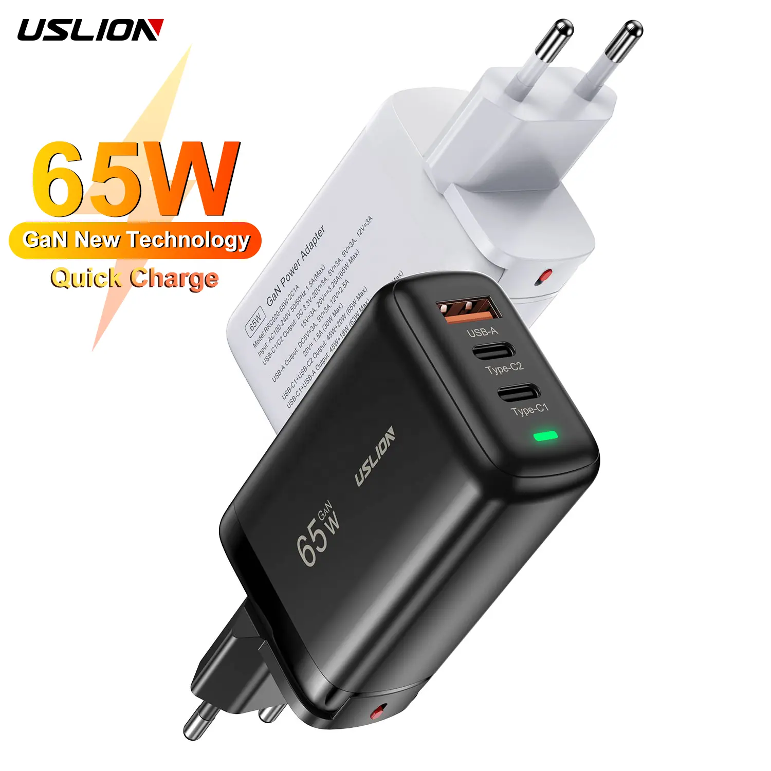 USLION 65W Charger USB C GaN Charger 2 PD + USB Charger Mobile Phone Tablet Laptop 3 Port Travel Wall Adapter