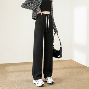 Black Drawstring Straight Sports <strong>Pants</strong> <strong>Women's</strong> Spring Relaxed-fit Petite High Waist Loose Slimming Vintage Wide-leg Polyester - Product Image 3