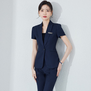 Women's Short Sleeve Suit Set Slim Fit Formal Uniform For Office <b>Work</b> Summer Wear Notched Collar Anti-Wrinkle Wool Blend - Product Image 4