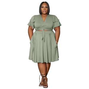 Ropa de <span class=keywords><strong>Mujer</strong></span>, Nuevo Traje de Talla Grande con Cuello en V, Falda con Cordones y Mangas de Hoja de Loto, con Bolsillos - Product Image 2