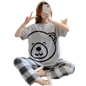 <b>Summer</b> Spring Women's Elastic Waist Short-sleeved Breathable Soft Knitted 100% Polyester <b>Pyjamas</b> Set Casual Loose Cartoon - Product Image 1