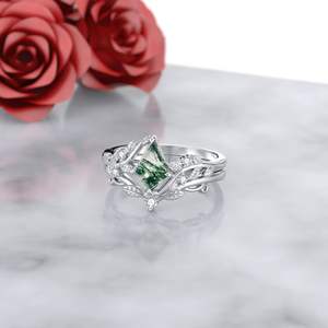 خواتم عقيق طحلب طبيعي للنساء من الفضة الإسترلينية ، خواتم زفاف عصرية ، خواتم خطبة ، قطع أوراق خضراء - Product Image 3