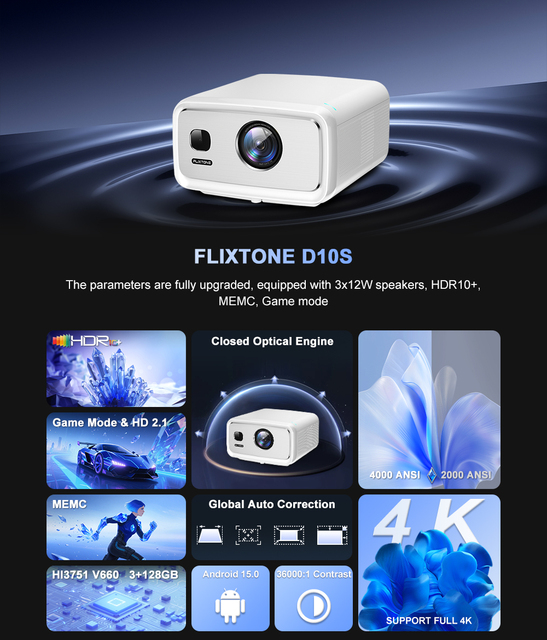 Flixtone D10S 4000 ANSI Lumen 1080P 4K Video V660 Chip 8 Cores Decoding Smart Big Screen WiFi Classroom Home Theater Projectors