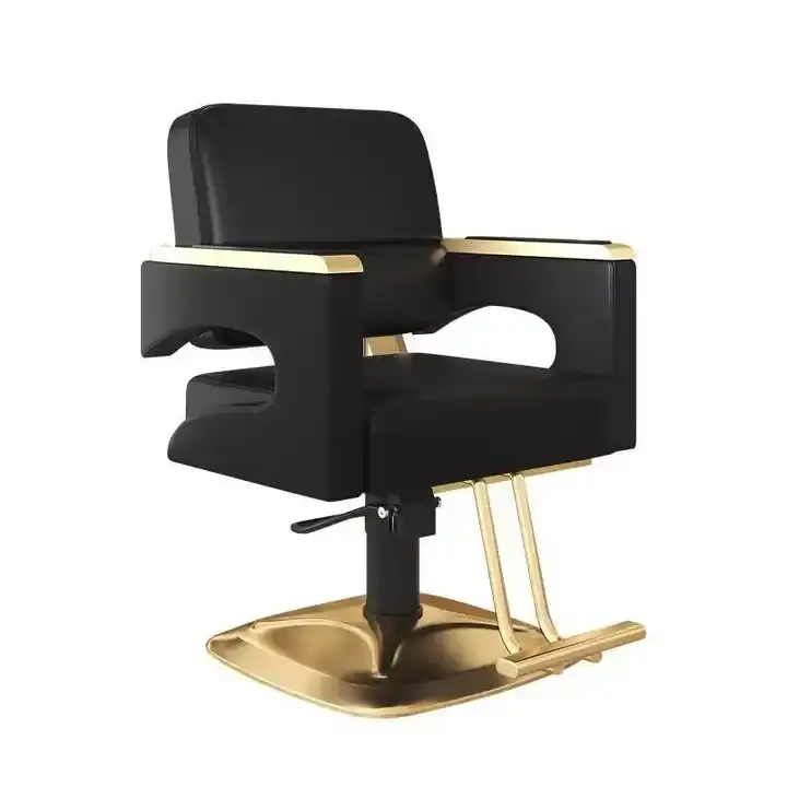 Le fauteuil de mobilier de salon de coiffure haut de gamme peut pivoter et soulever un fauteuil de barbier en métal noir en acier inoxydable