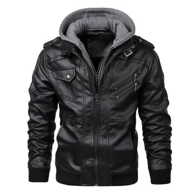 Winter Men's Leather Two Pieces Slim Multi-pocket Fashion High Street Hooded Coat Men's PU Leather